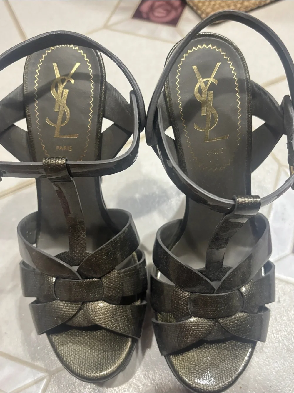 Yves Saint Laurent Metallic Black Strappy Knot Heels